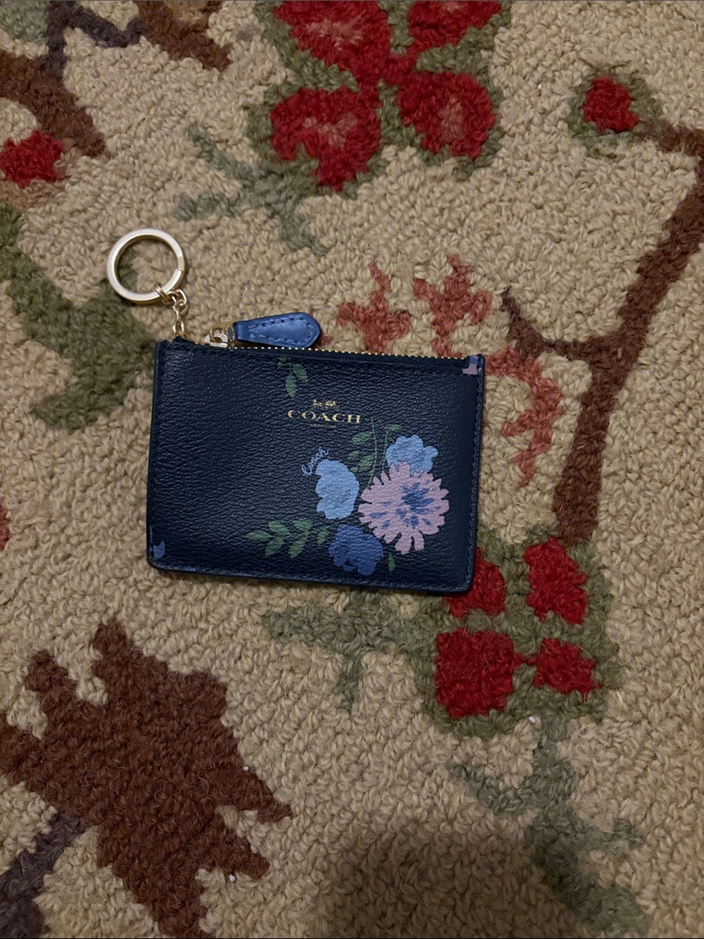 COACH Navy Floral Zip Card Case with Gold Keyring